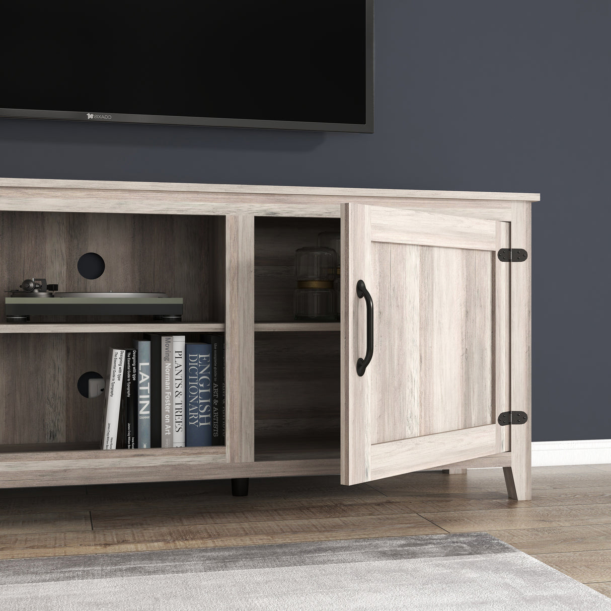 TV Stand Storage Media Console Entertainment Center With Two Doors, Grey Walnut - V.I.P Digital Presence