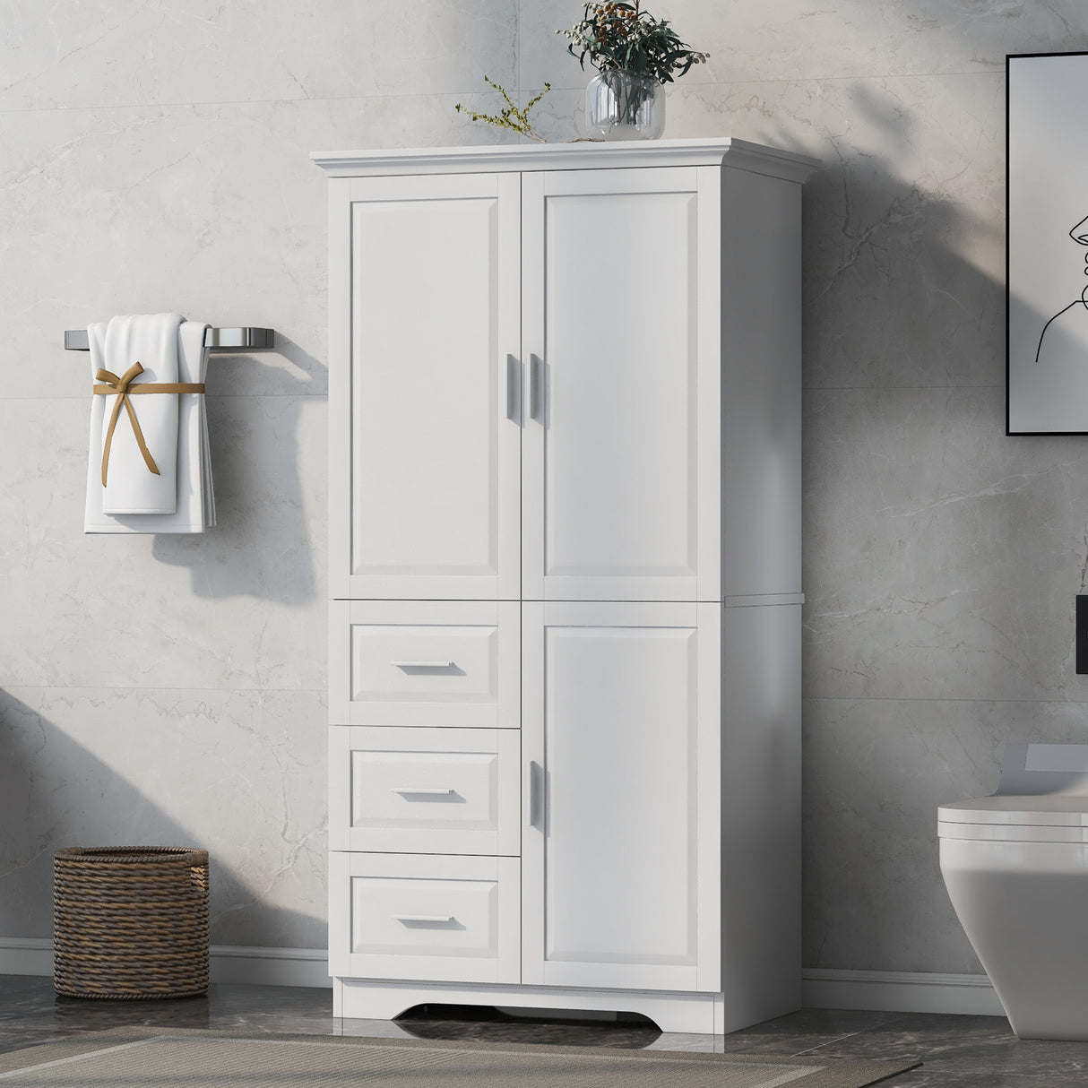 Tall and Wide Storage Cabinet with Doors for Bathroom/Office, Three Drawers, White - V.I.P Digital Presence
