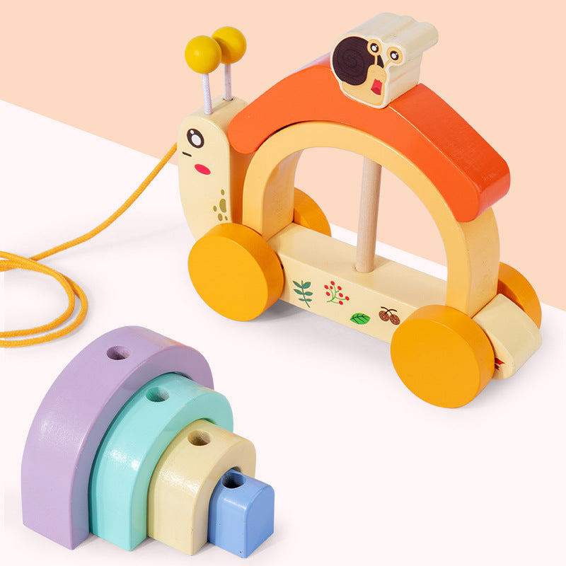 Wooden children's rainbow snail tractor color matching cognitive building blocks fun rope learning walker - V.I.P Digital Presence
