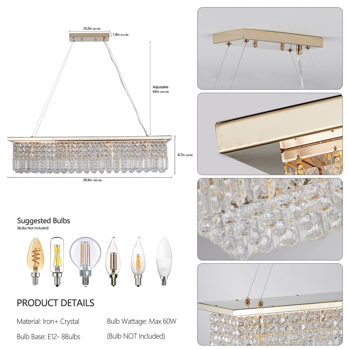 Modern Crystal Chandelier for Dining Room 8-Light Gold Rectangle Raindrop Chandelier L39.4'' x W9.8'' x H8.7'(Bulb Not Included) - V.I.P Digital Presence