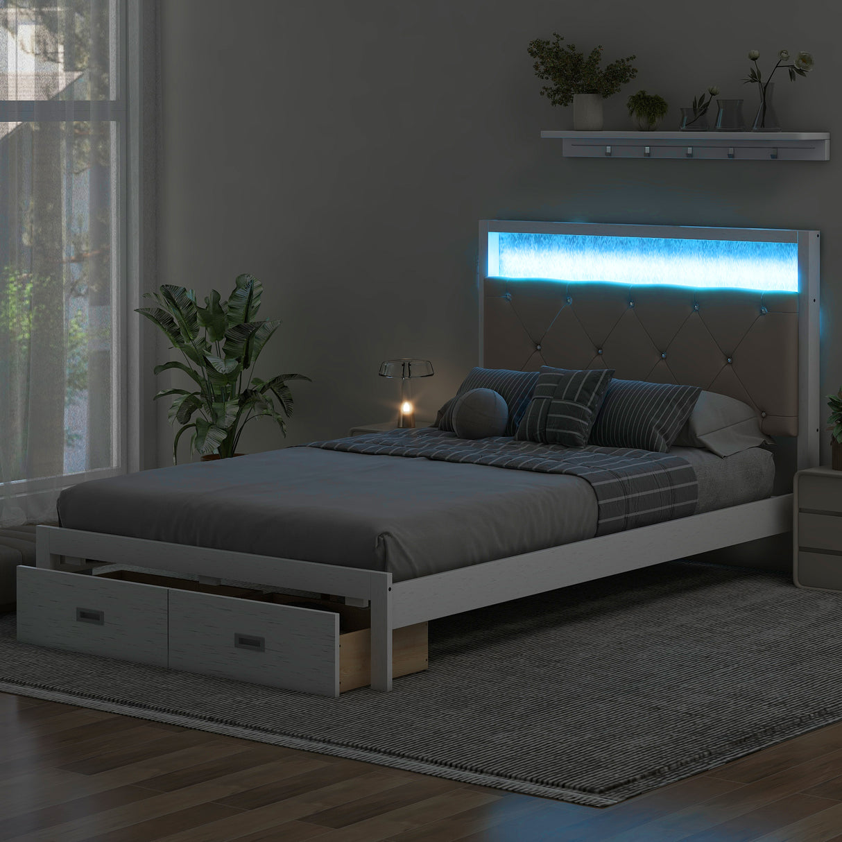 Wood Full Size Platform Bed with Upholstered Headboard and LED and 2 Drawers, Antique White - V.I.P Digital Presence