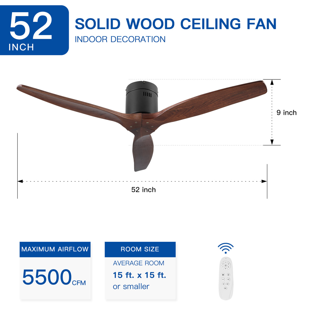 52" YUHAO Farmhouse Rustic Ceiling Fan without Light - Matte Black with Solid Wood Blade - V.I.P Digital Presence