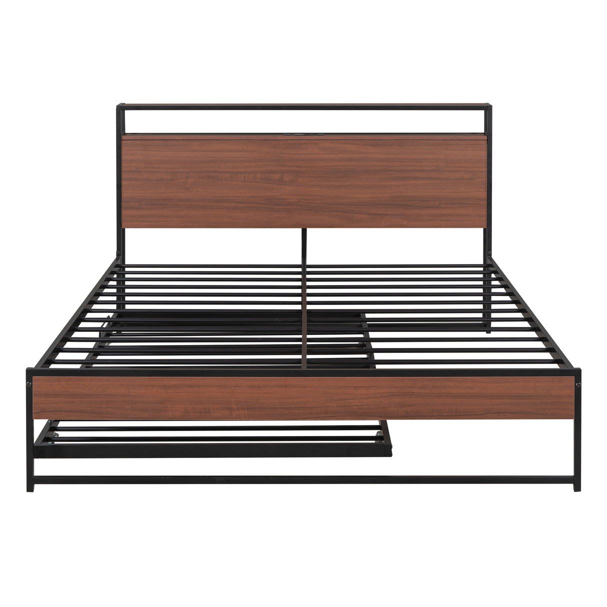 Queen Size Metal Platform Bed Frame with Trundle, USB Ports and Slat Support ,No Box Spring Needed Black - V.I.P Digital Presence