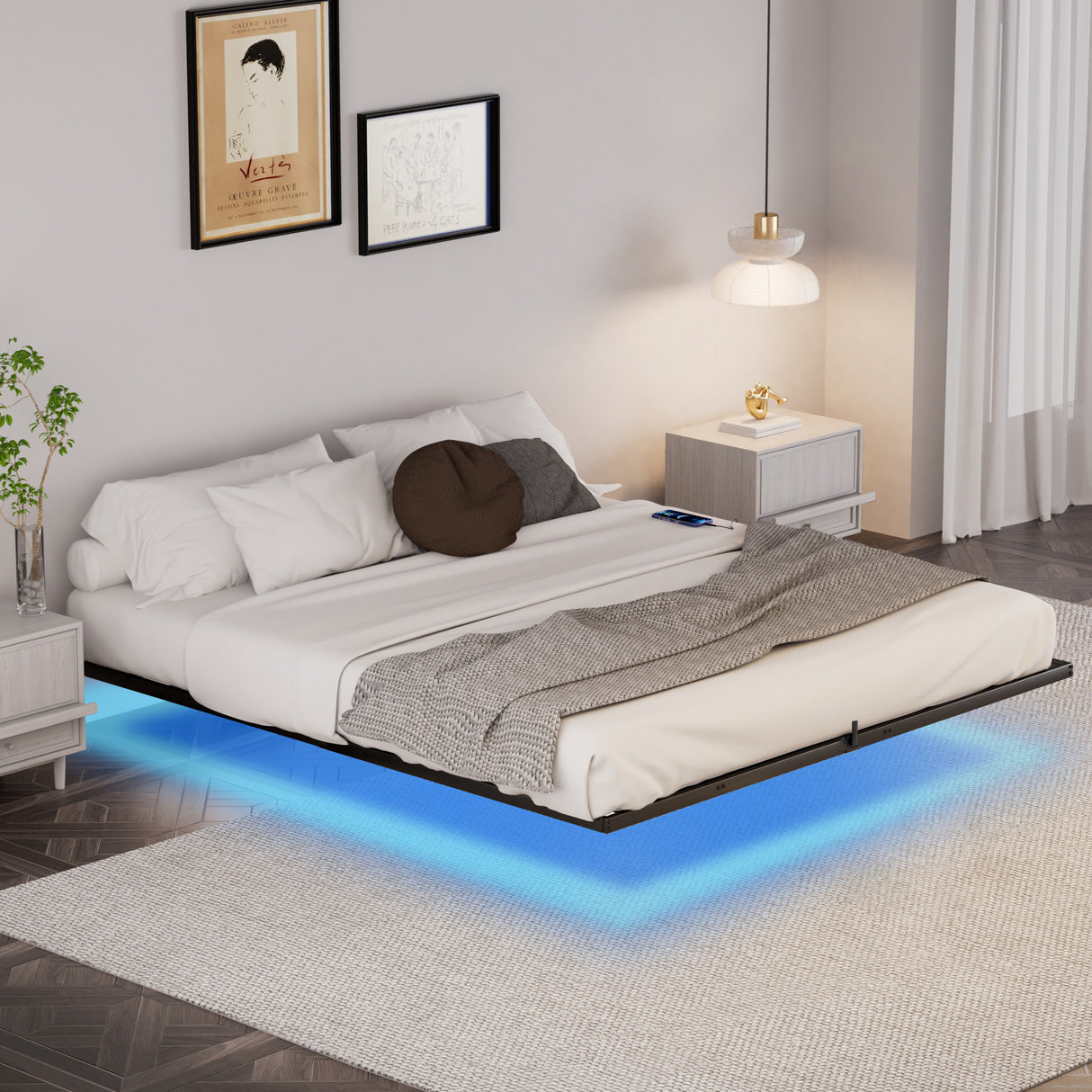Floating Bed Frame King Size with LED Lights & charging station, Metal Platform Queen Bed, 79.9'' L x 76.2'' W x 7.9'' H. - V.I.P Digital Presence