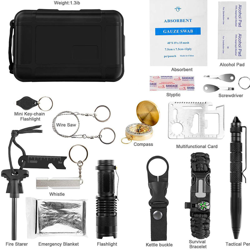 Military-grade outdoor travel survival kit with mini camping tools, emergency bracelet, whistle, blanket and knife. - V.I.P Digital Presence