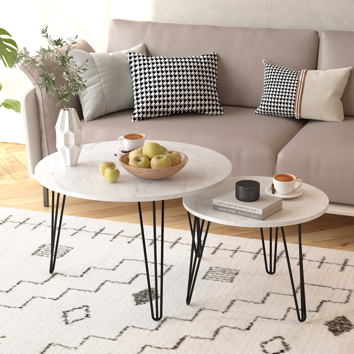 27.56'' Round Nesting Coffee Table Set of 2, Circular Nesting End Table Set Sturdy Metal Base for Living Room, bedroom, White - V.I.P Digital Presence