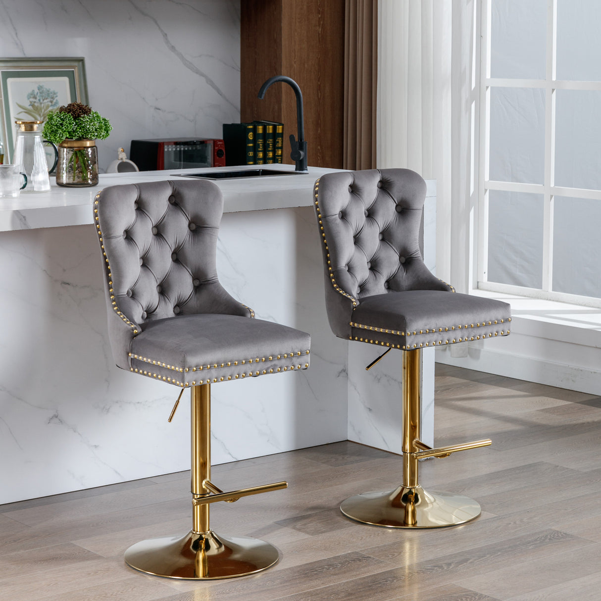 Thick gold rotating velvet bar stool with adjustable seat height of 25-33 inches and backrest (gray, set of 2 pieces)