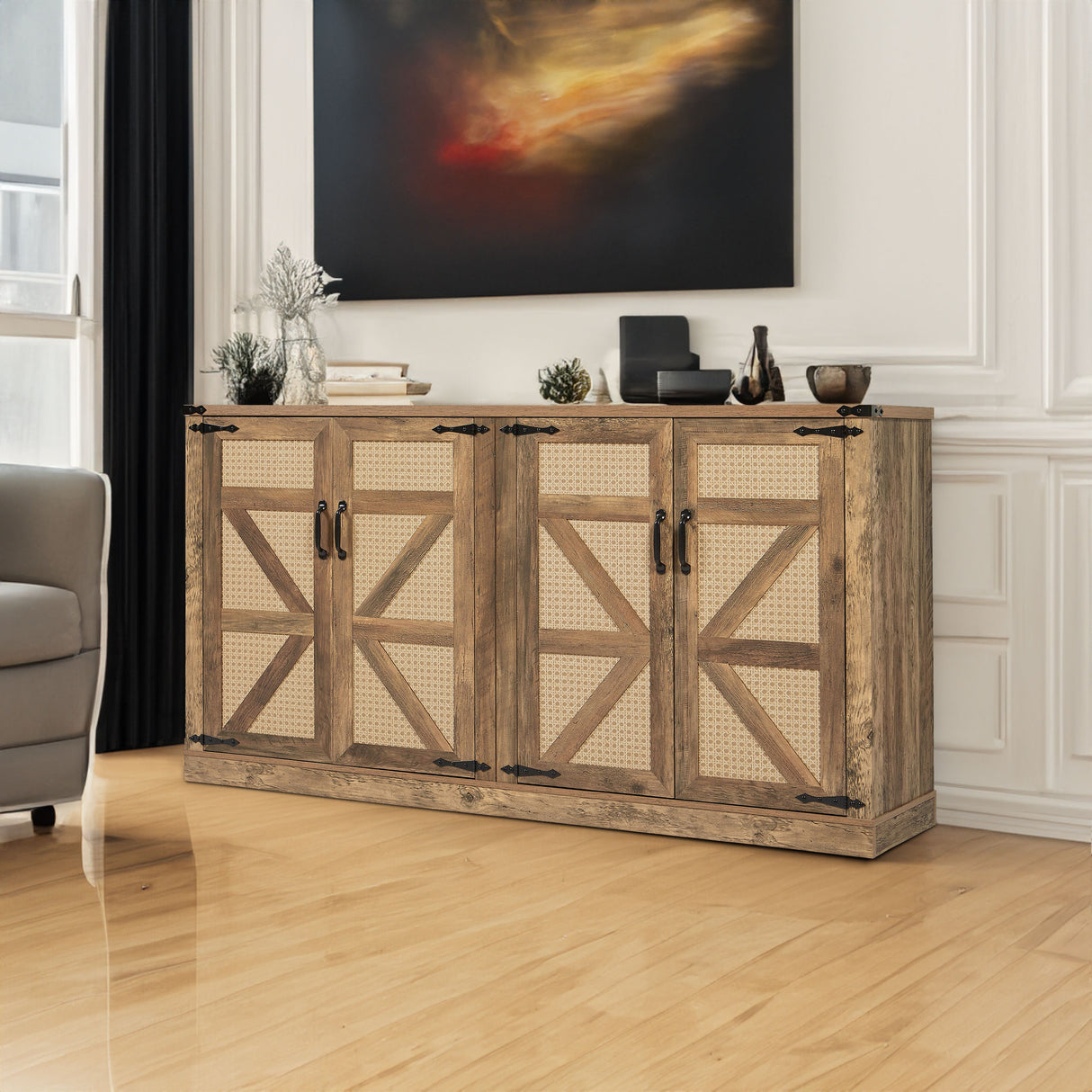65-Inch Rustic Oak Color Faux Rattan Sideboard, Barn Door Rustic Style Sideboard, Living Room, Entryway, Bedroom - V.I.P Digital Presence