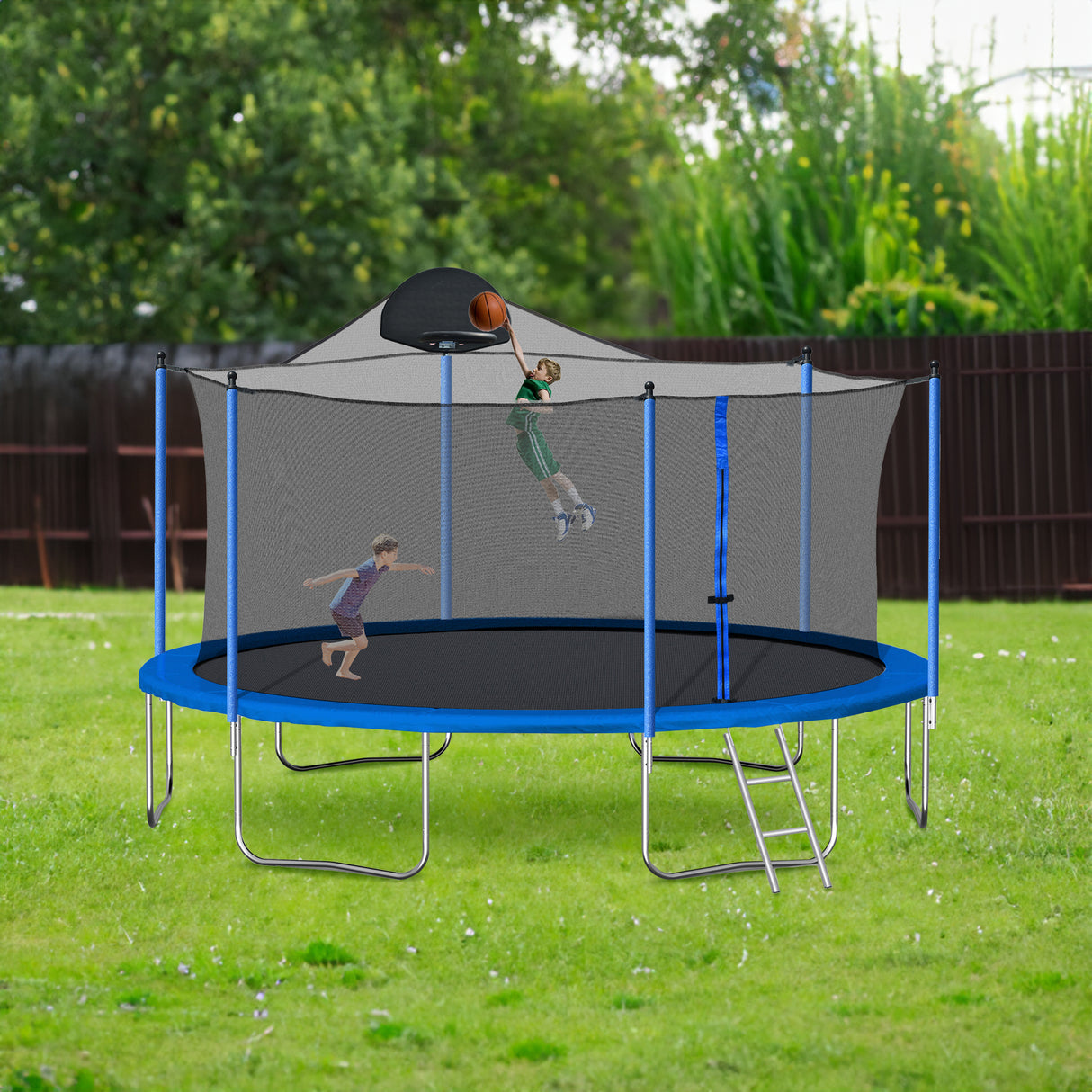 14FT Trampoline for Adults & Kids with Basketball Hoop, Outdoor Trampolines w/Ladder and Safety Enclosure Net for Kids and Adult - V.I.P Digital Presence