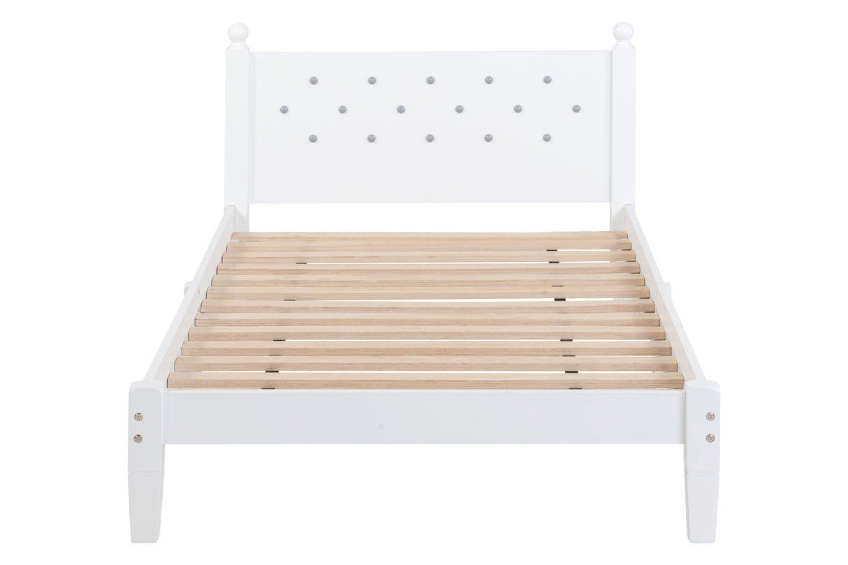 Twin Bed with Button-Decoration Headboard, with Bed Slats,White - V.I.P Digital Presence