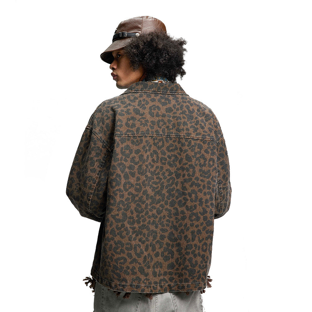 Leopard Print Denim Jacket Style Men's Punk Spring and Autumn Loose Casual Washed Open Front Zipper Collar Outerwear - V.I.P Digital Presence