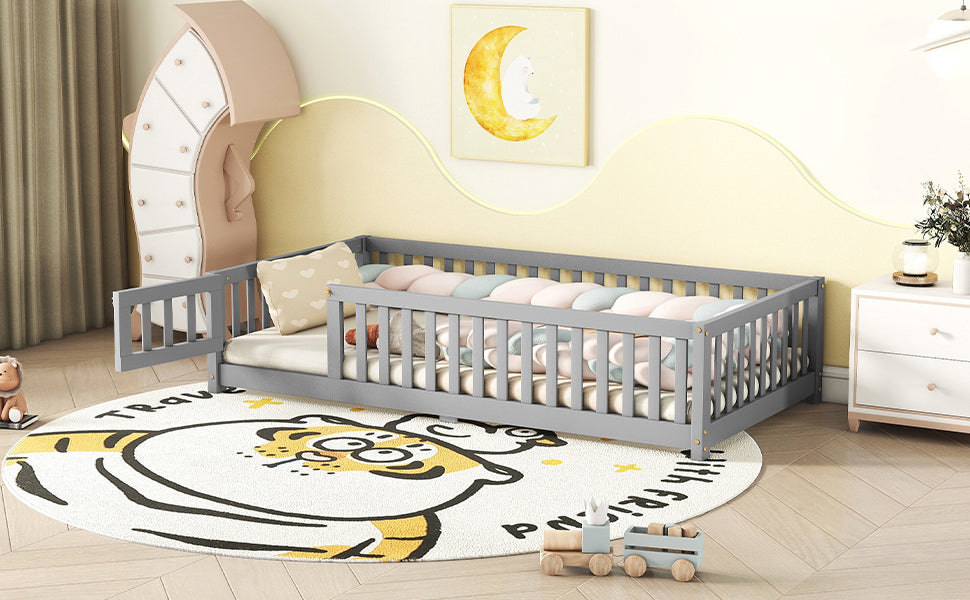 Twin Size Bed Floor Bed with Safety Guardrails and Door for Kids, Gray - V.I.P Digital Presence