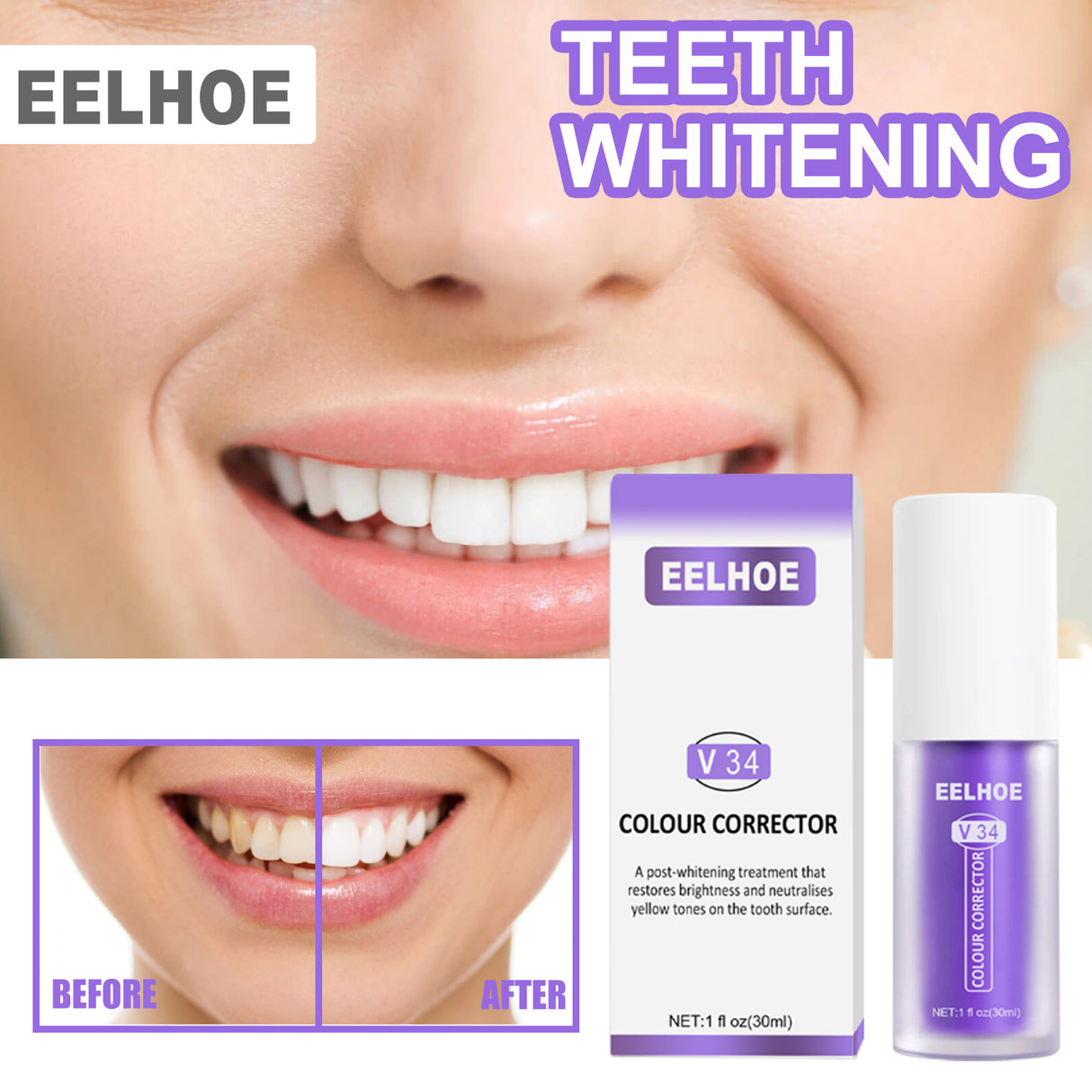 V34 Colour Corrector, Mouth Shine White Clean Stains Shine White Teeth Purple Toothpaste - V.I.P Digital Presence
