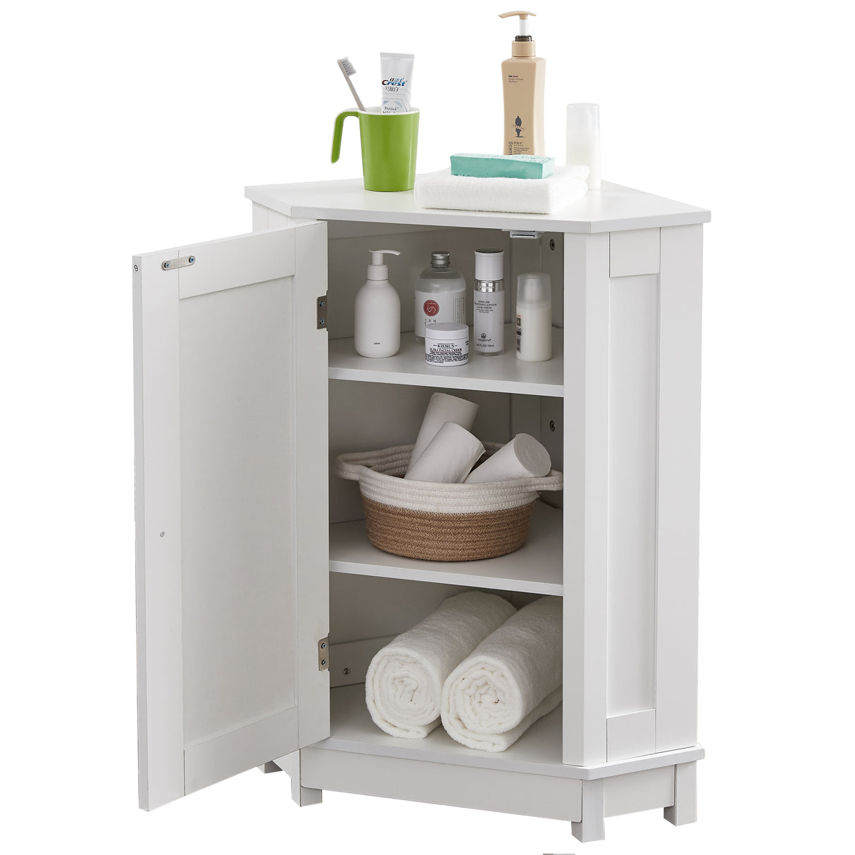 White Bathroom Cabinet Triangle Corner Storage Cabinet with Adjustable Shelf Modern Style MDF Board - V.I.P Digital Presence
