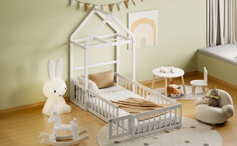 Wooden Twin Size Children's Bed with Detachable Headboard and Integrated Clothes Drying Rack, White - V.I.P Digital Presence