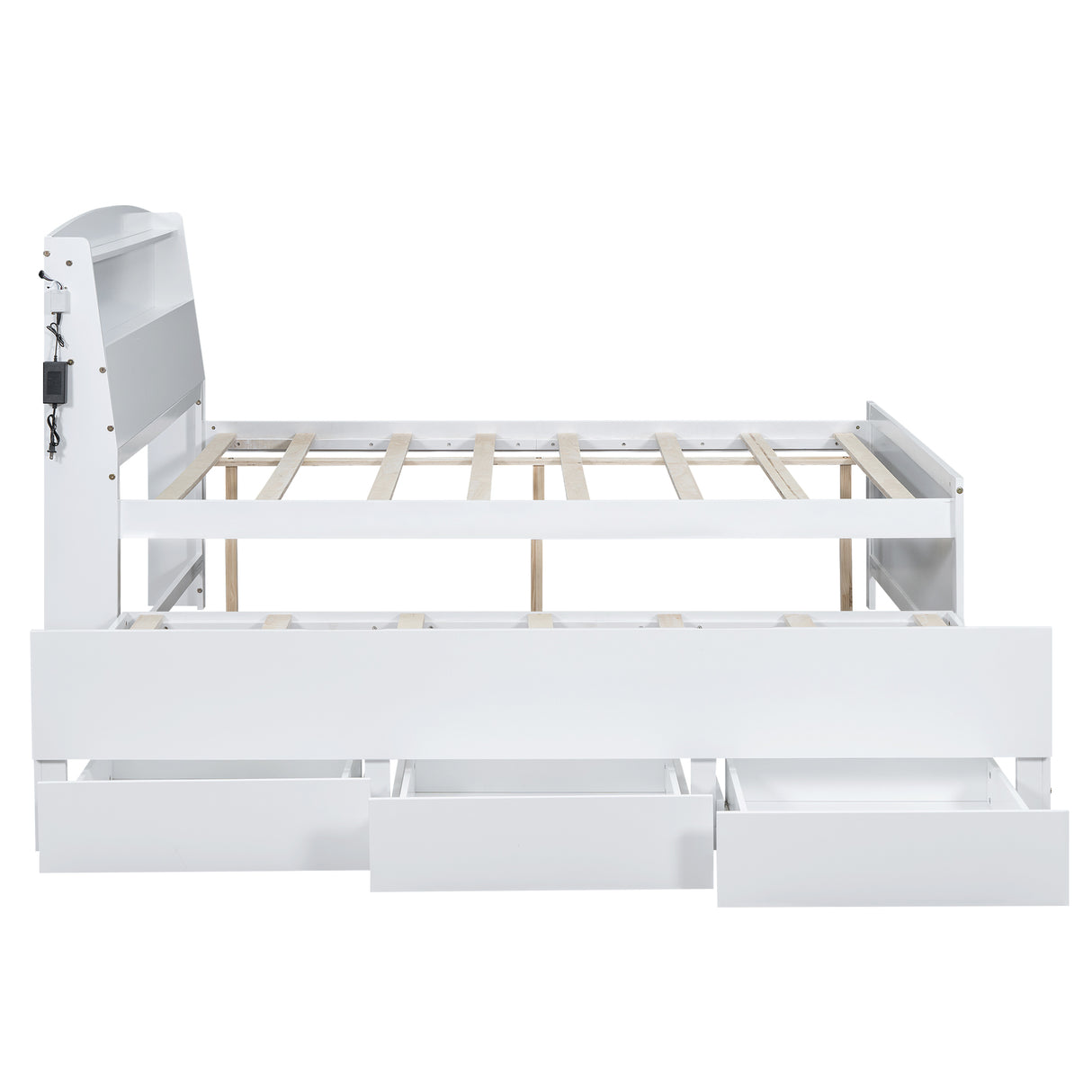 Full Size Platform Bed with Storage LED Headboard Twin Size Trundle and 3 Drawers White