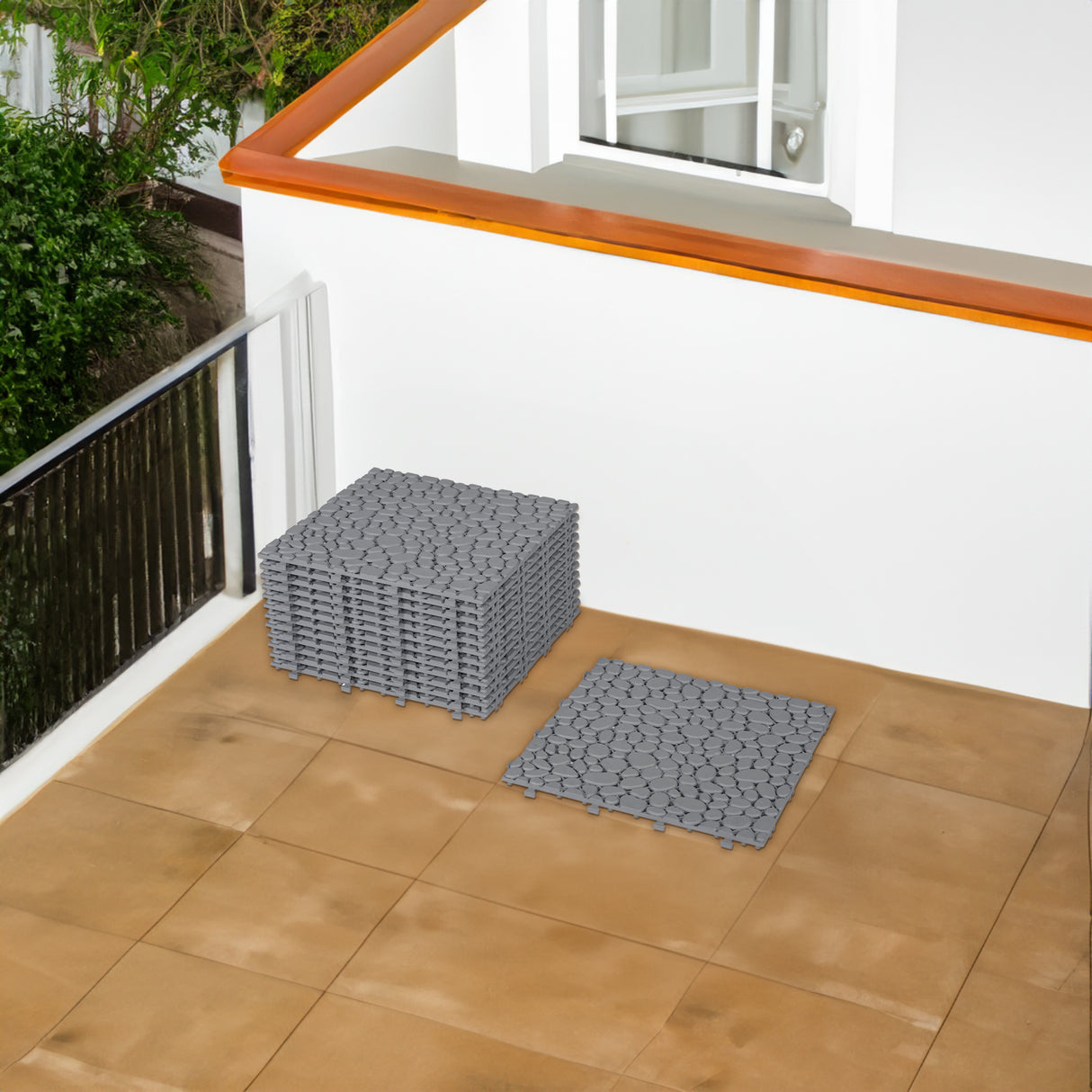 12 x 12 inch gray interlocking deck tiles, plastic waterproof pebble pattern, pack of 12 pieces - V.I.P Digital Presence