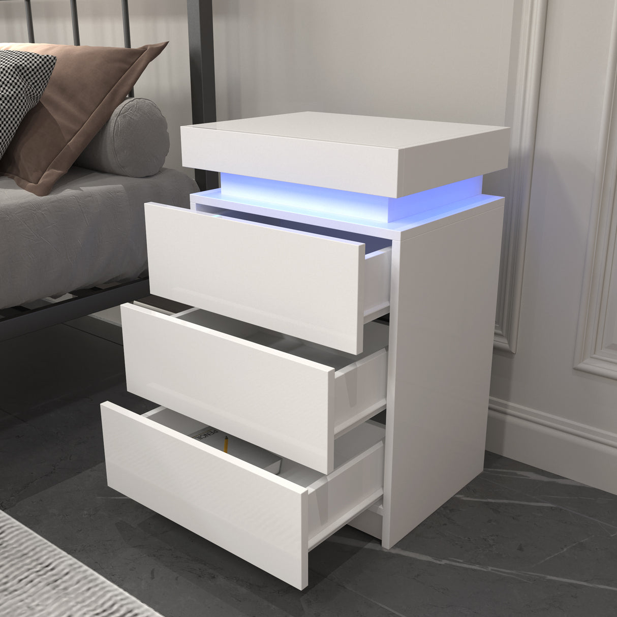 LED White Nightstand With 3 Drawers, Modern Multi-Colour LED Night Table Bedside Tables for Bedroom, Living Room - V.I.P Digital Presence