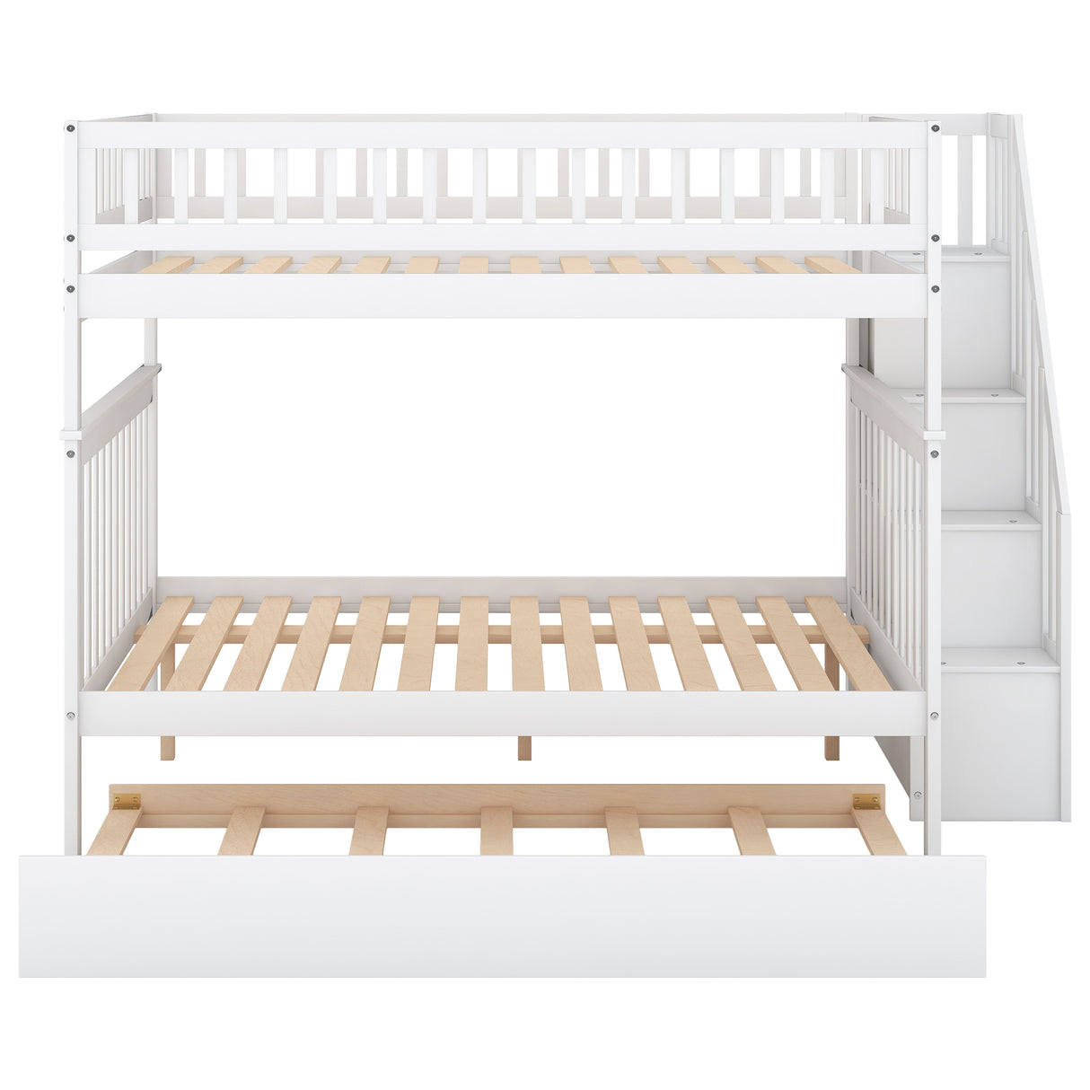 Full over Full Bunk Bed with Trundle and Staircase White