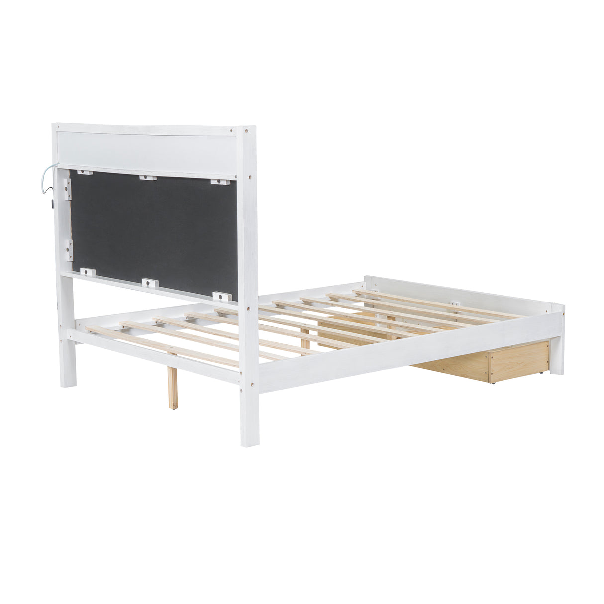 Wood Full Size Platform Bed with Upholstered Headboard and LED and 2 Drawers, Antique White - V.I.P Digital Presence