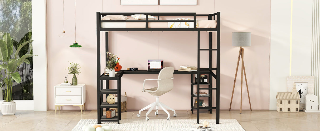 All metal loft bed with desk and shelf, loft bed with ladder and guardrail, black with black desk - V.I.P Digital Presence
