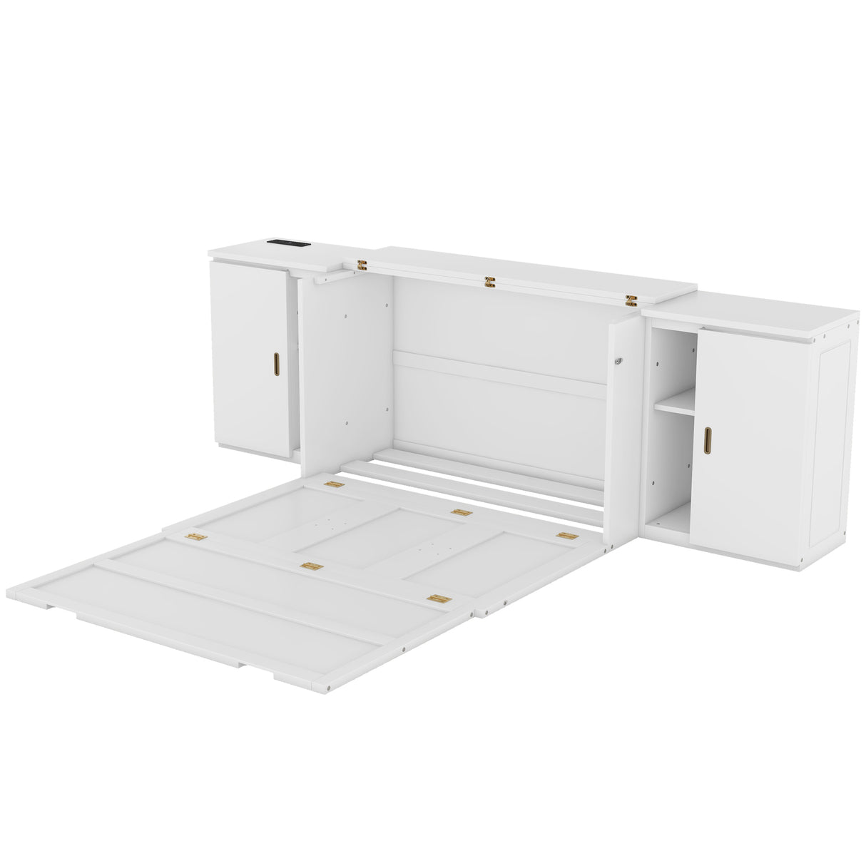 Full Size Murphy Bed with Shelves, Cabinets and USB Ports,White