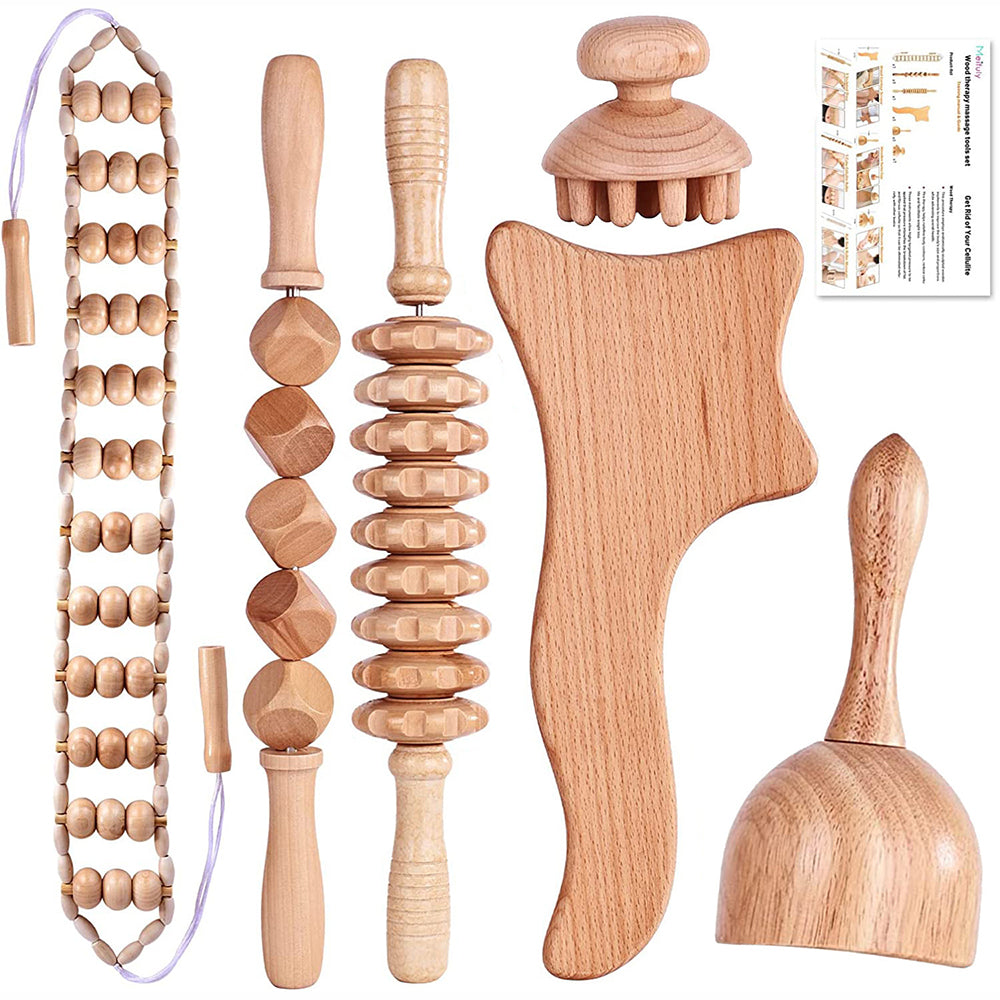 Beech wood therapy scraping cup, meridian dredging roller, tendon rolling stick, scraping board, head massager, massage set - V.I.P Digital Presence
