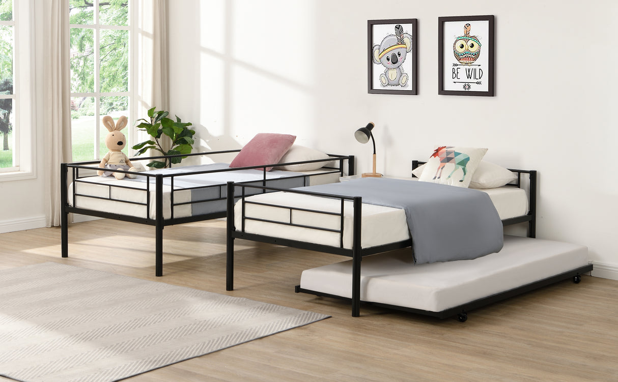 Twin bunk bed frame with trailer, metal bunk bed with sturdy guardrail and side ladder, can be divided into two beds, black - V.I.P Digital Presence