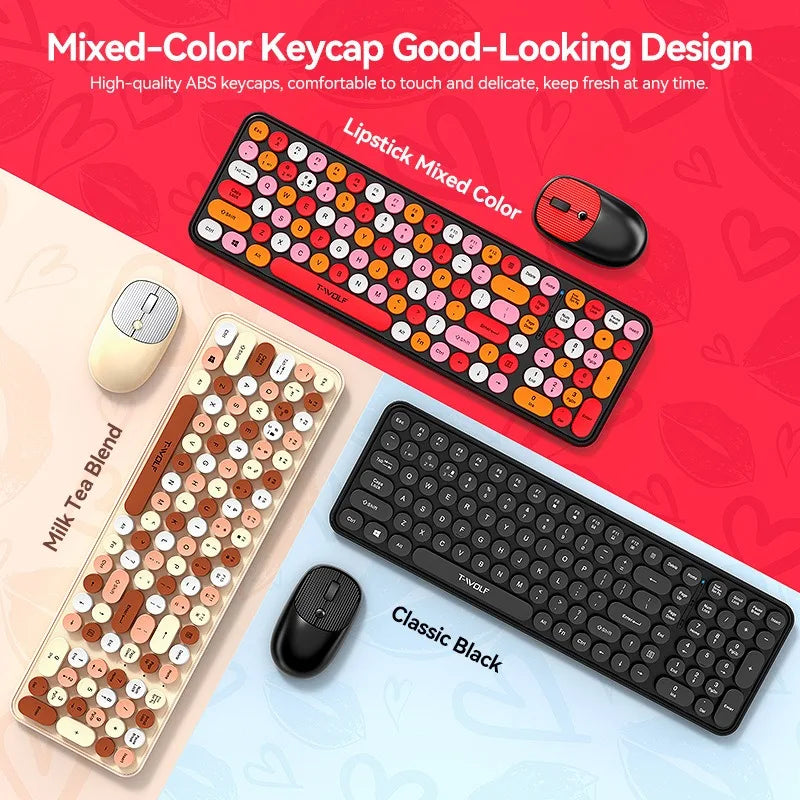 T-WOLF Thunder Wolf TF350 Wireless Keyboard and Mouse Set for Girls, Colorful Punk Retro Mouth Red Round Key Cap - V.I.P Digital Presence
