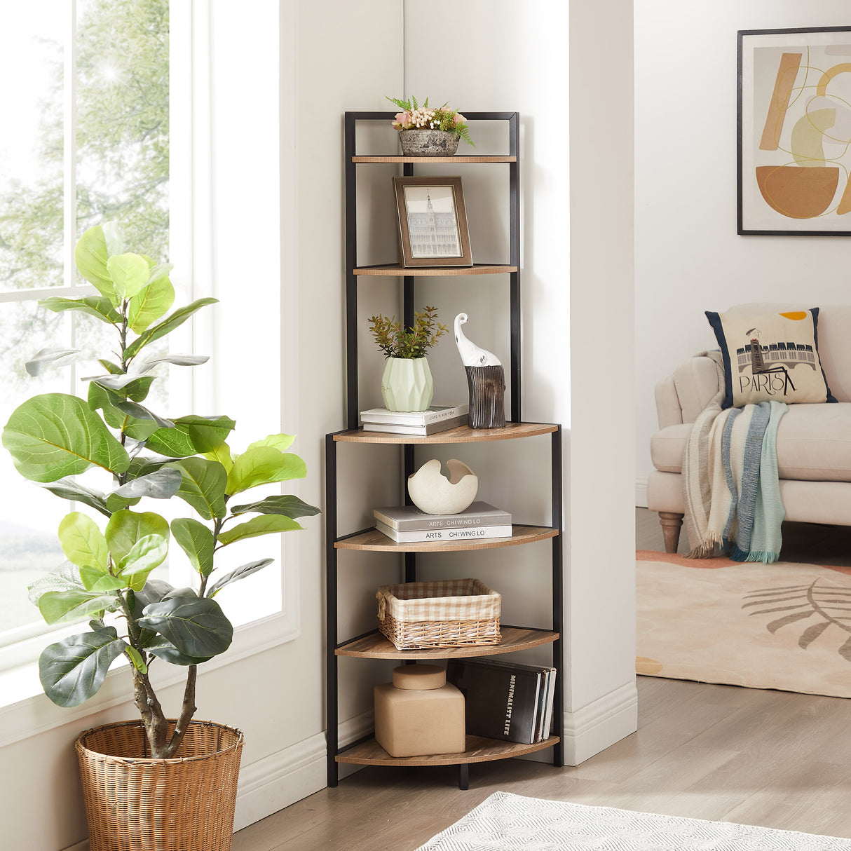 6-story corner open bookshelf modern bookshelf wooden frame independent bookshelf unit, country brown - V.I.P Digital Presence