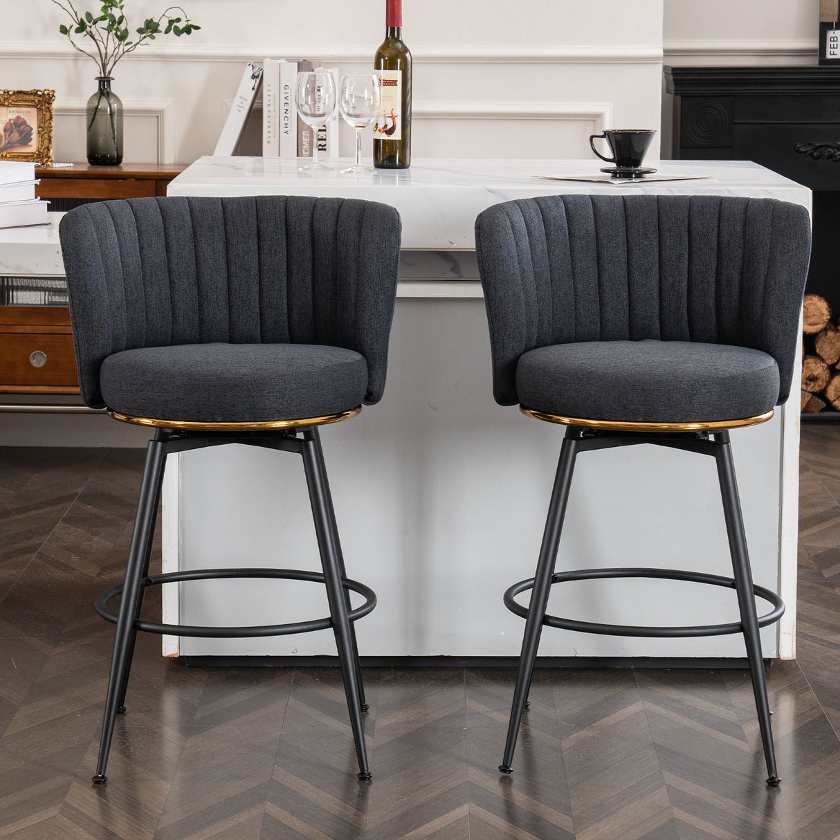 A set of 2 gray rotating bar stools - high backrest, adjustable, with elegant metal backrest decoration - V.I.P Digital Presence
