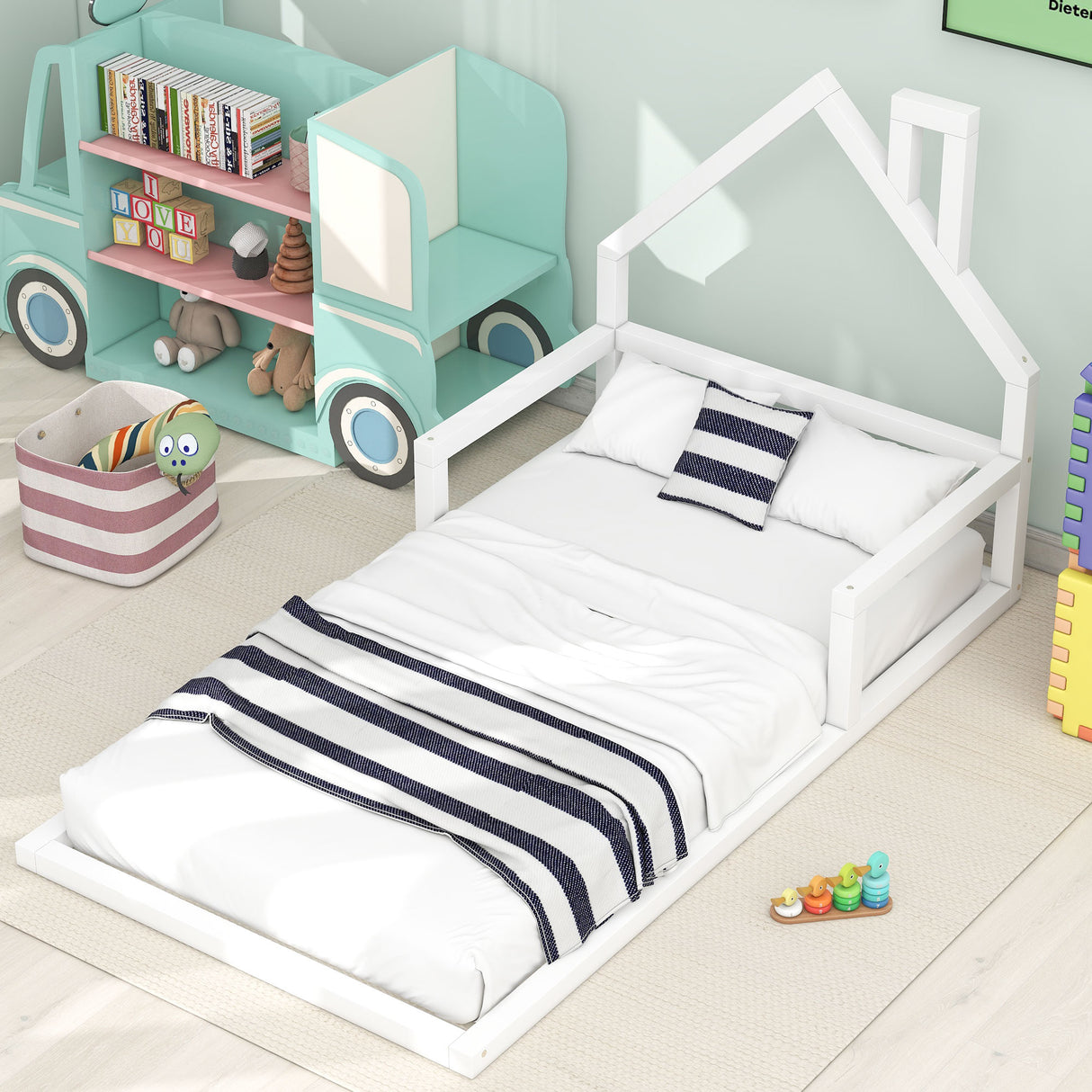 Twin Size Wood Floor Bed with House-shaped Headboard White