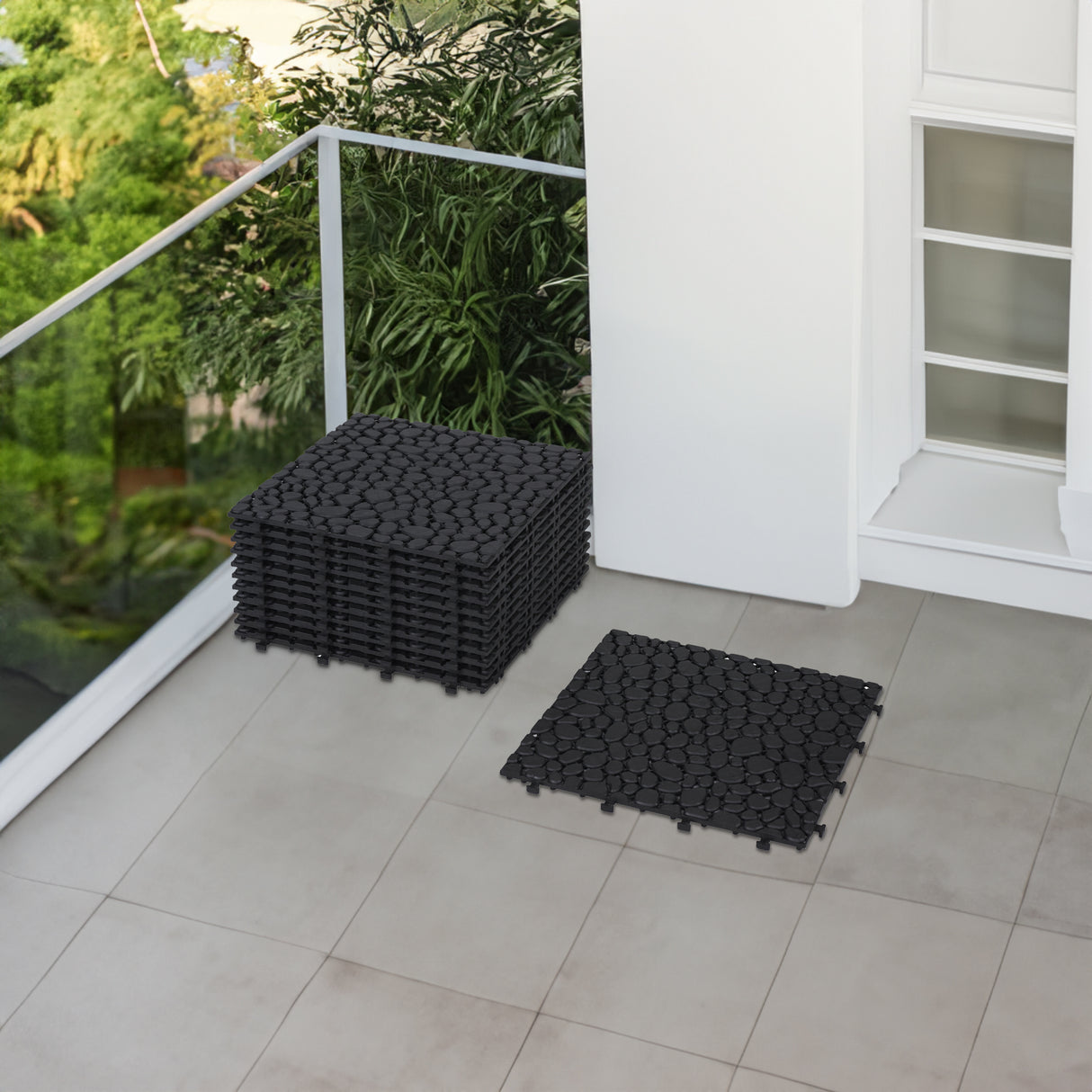 12 x 12 inch black interlocking deck tiles, plastic waterproofing, pebble pattern, pack of 12 - V.I.P Digital Presence