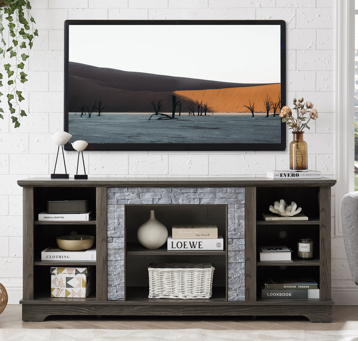 Mantel Stone modern entertainment console, manually stacked stone surrounds open storage space, gray - V.I.P Digital Presence