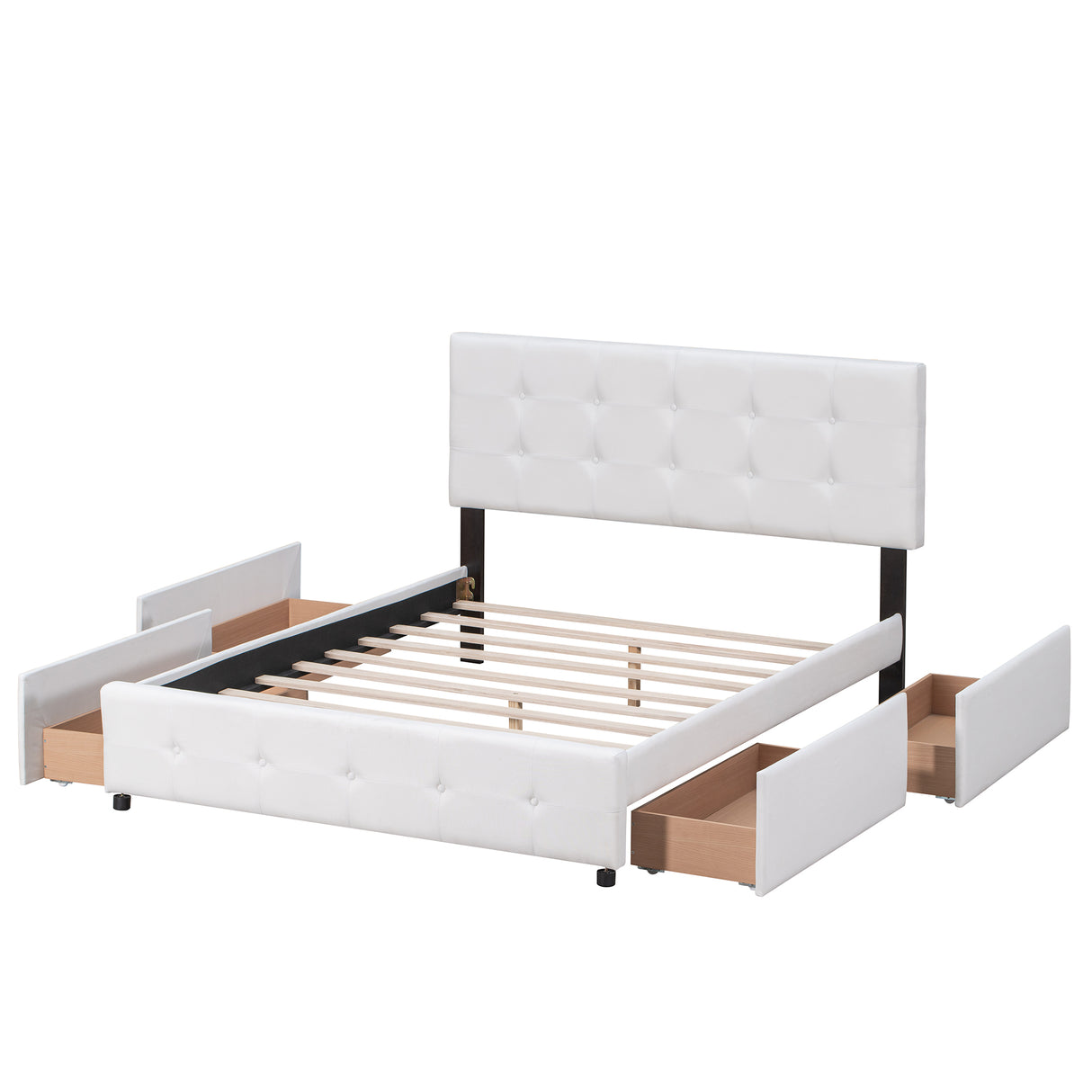 Upholstered Platform Bed with Classic Headboard and 4 Drawers No Box Spring Needed Linen Fabric Queen Size White - V.I.P Digital Presence