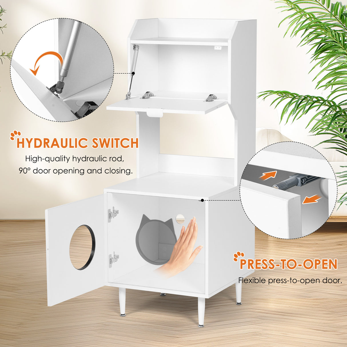 White wooden hidden cat trash can with rack and trash can shell, indoor cat house pet box, storage cabinet - V.I.P Digital Presence