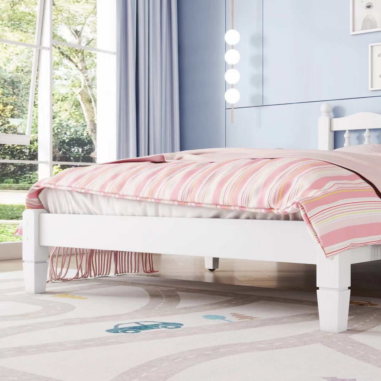 Twin Bed with Column-Decoration Headboard, with Bed Slats,White - V.I.P Digital Presence