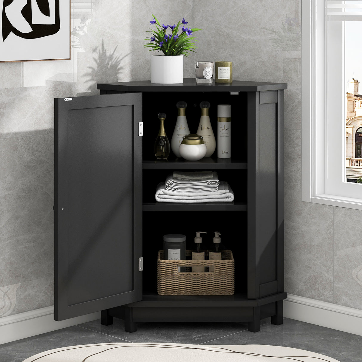 Black Bathroom Cabinet Triangle Corner Storage Cabinet with Adjustable Shelf Modern Style MDF Board - V.I.P Digital Presence