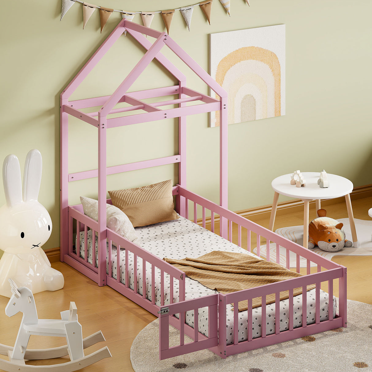 Wooden Twin Size Children's Bed with Detachable Headboard and Integrated Clothes Drying Rack, Pink - V.I.P Digital Presence