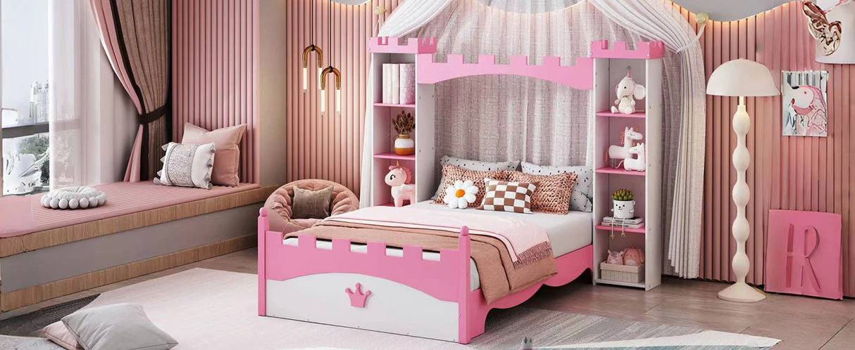 Castle-Shaped Wooden Bed with Storage Shelf, Dreamy Twin Size Platform Bed for Kids Bedroom, White + Pink - V.I.P Digital Presence