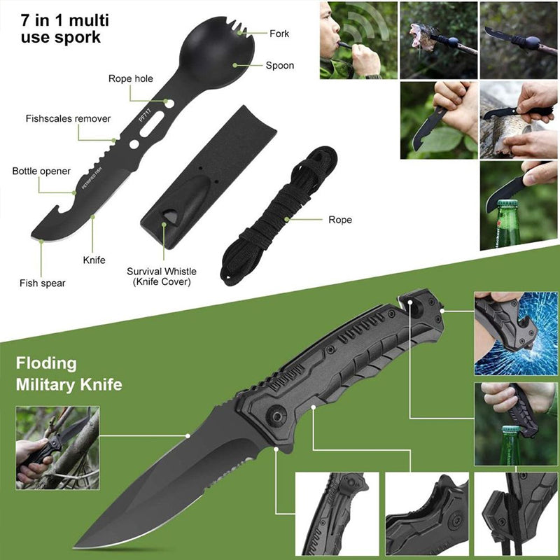 Military-grade outdoor travel survival kit with mini camping tools, emergency bracelet, whistle, blanket and knife. - V.I.P Digital Presence