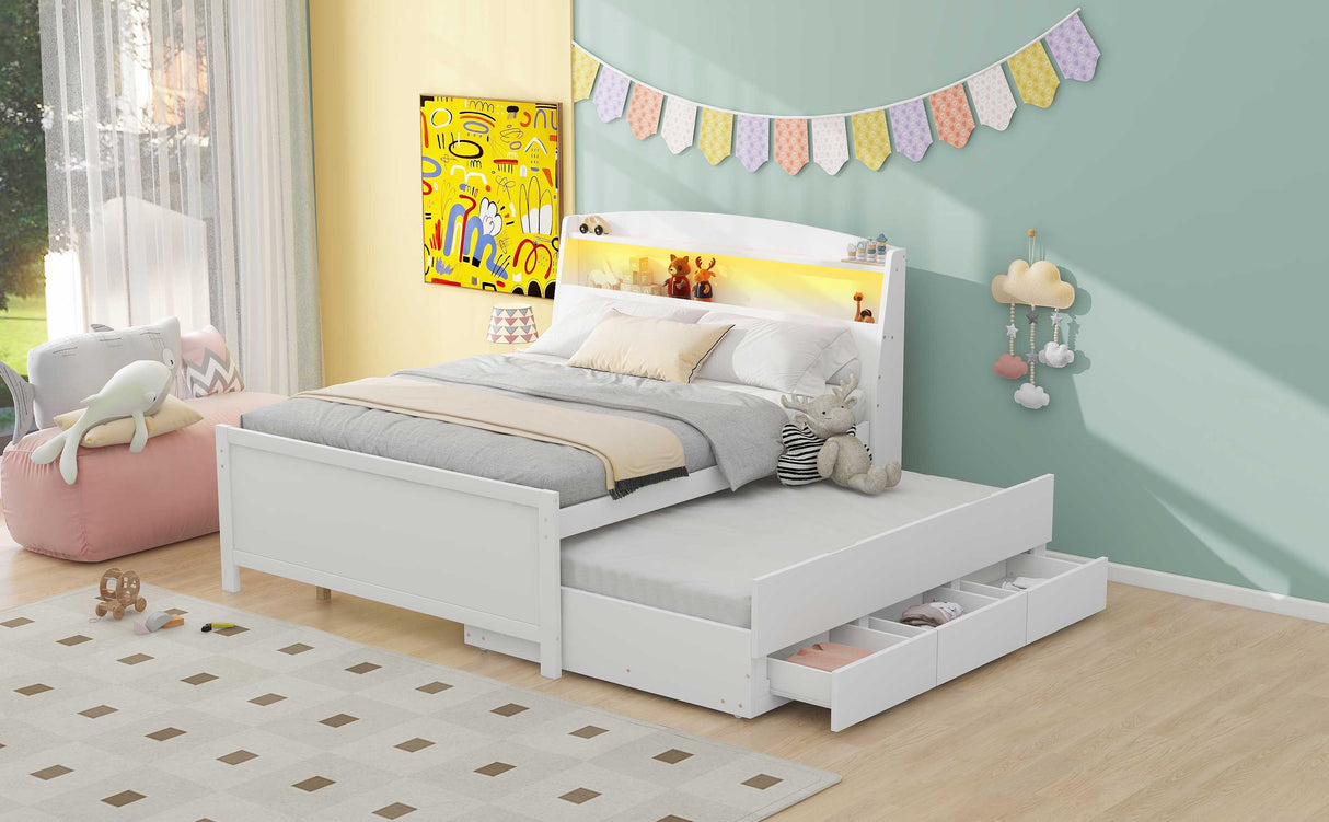 Full Size Platform Bed with Storage LED Headboard Twin Size Trundle and 3 Drawers White