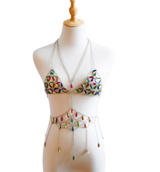 Queen Bling Metal Tassel Details Tank Tops Festival Rave Clothing Summer Sexy Backless Rave Body Chain Beach Tops - V.I.P Digital Presence