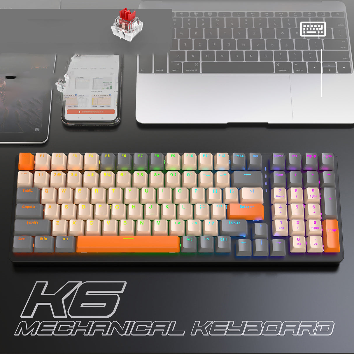 Teclado mecánico inalámbrico K6 5.0 BT 2.4 Ghz con cable, tres modos, retroiluminado, Bluetooth, para gamers, 100 teclas, para PC