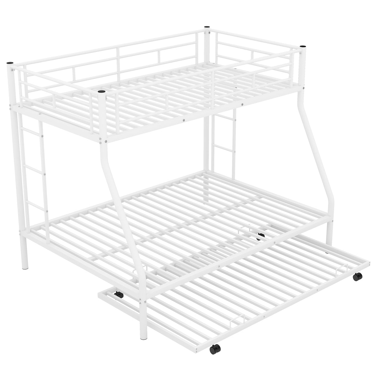 Twin over Full Bed with Sturdy Steel Frame Bunk Bed with Twin Size Trundle Two-Side Ladders White