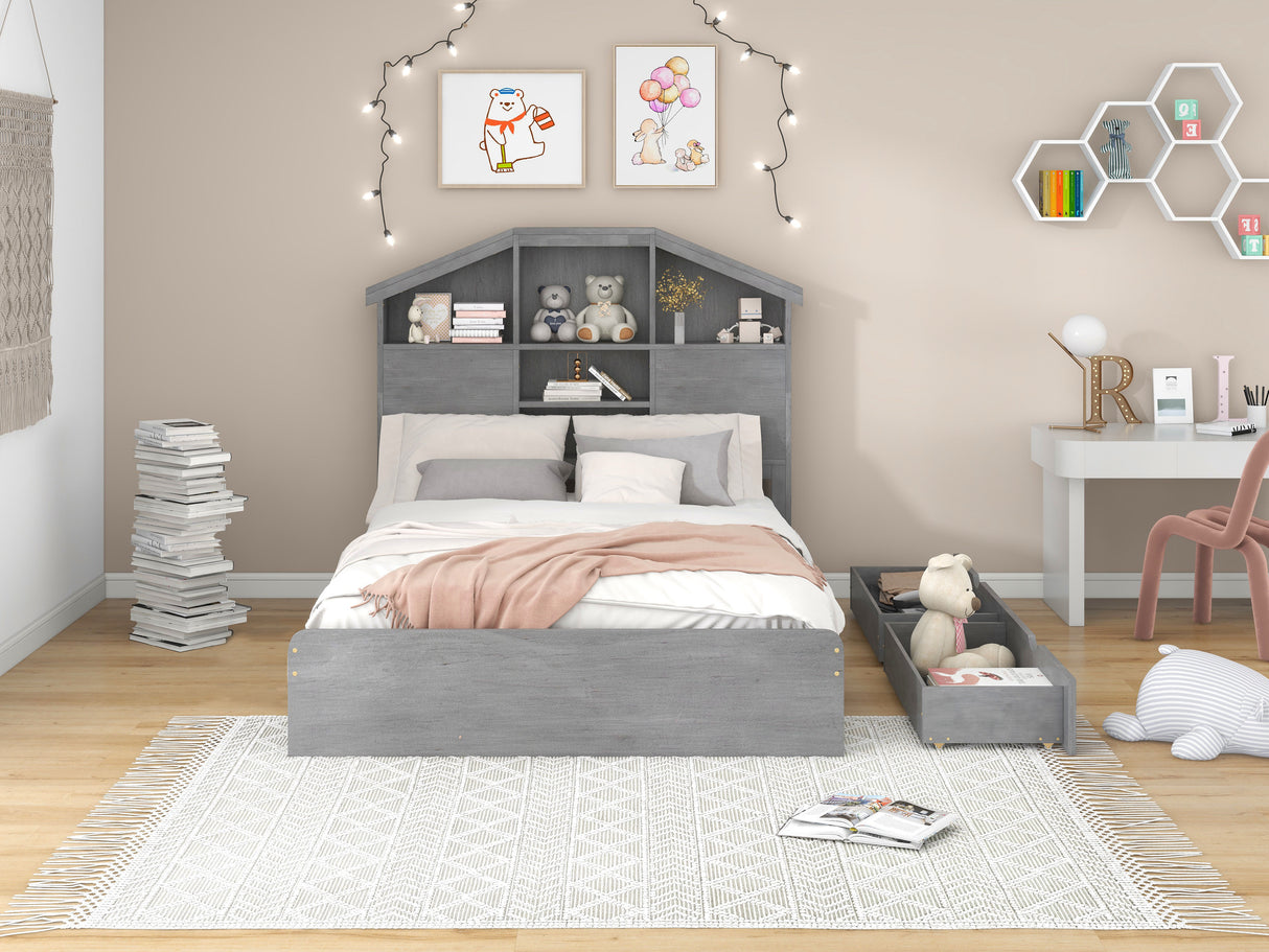 Full Size Wood Platform Bed with House-shaped Storage Headboard and 2 Drawers Gray