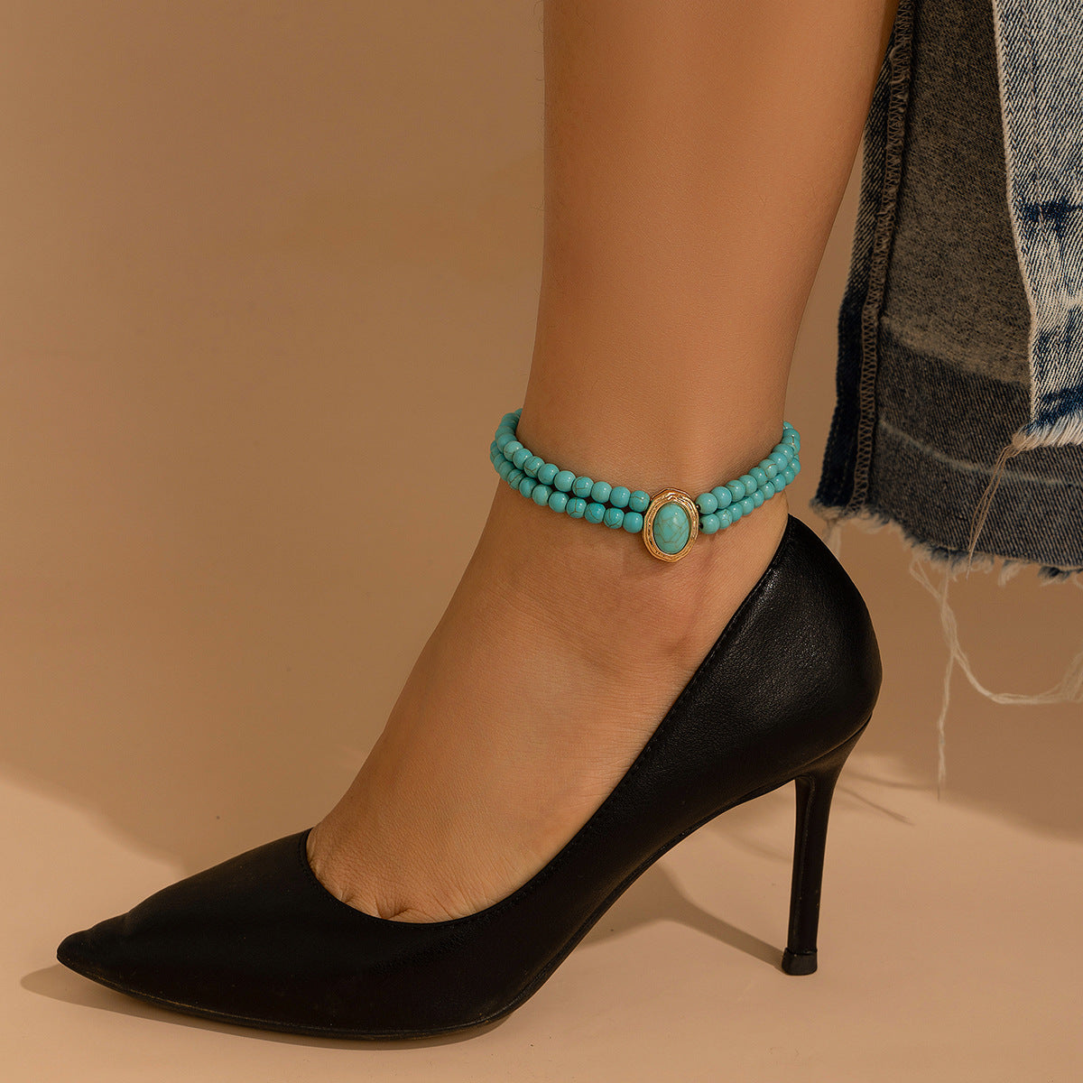 White anklets double-layer ankle bracelet with high-end and personalized bead, turquoise imitation pearl ankle chain - V.I.P Digital Presence