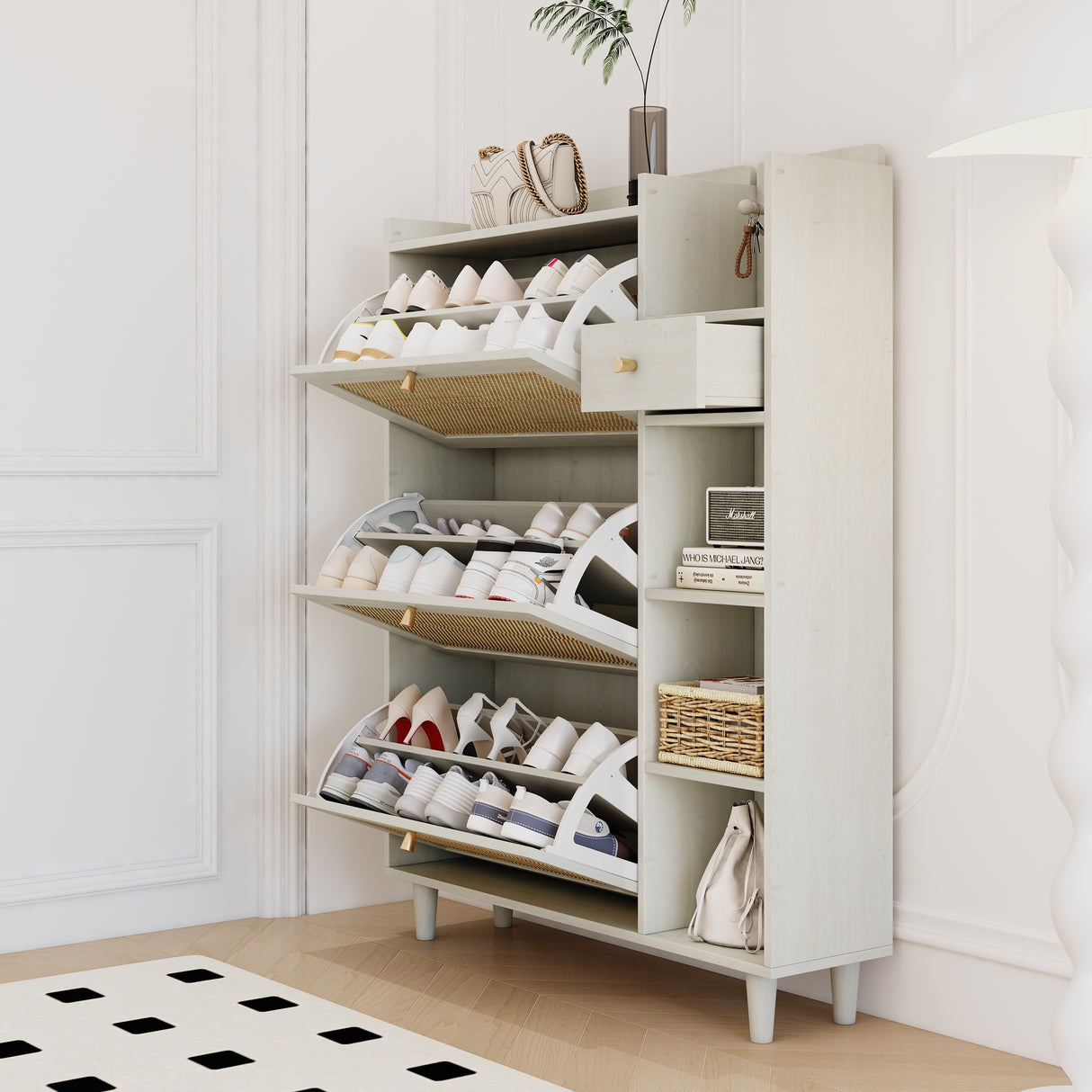 Natural Bohemian style shoe cabinet with 3 rattan flip drawers, 3 square shelves, and 1 storage drawer, white - V.I.P Digital Presence