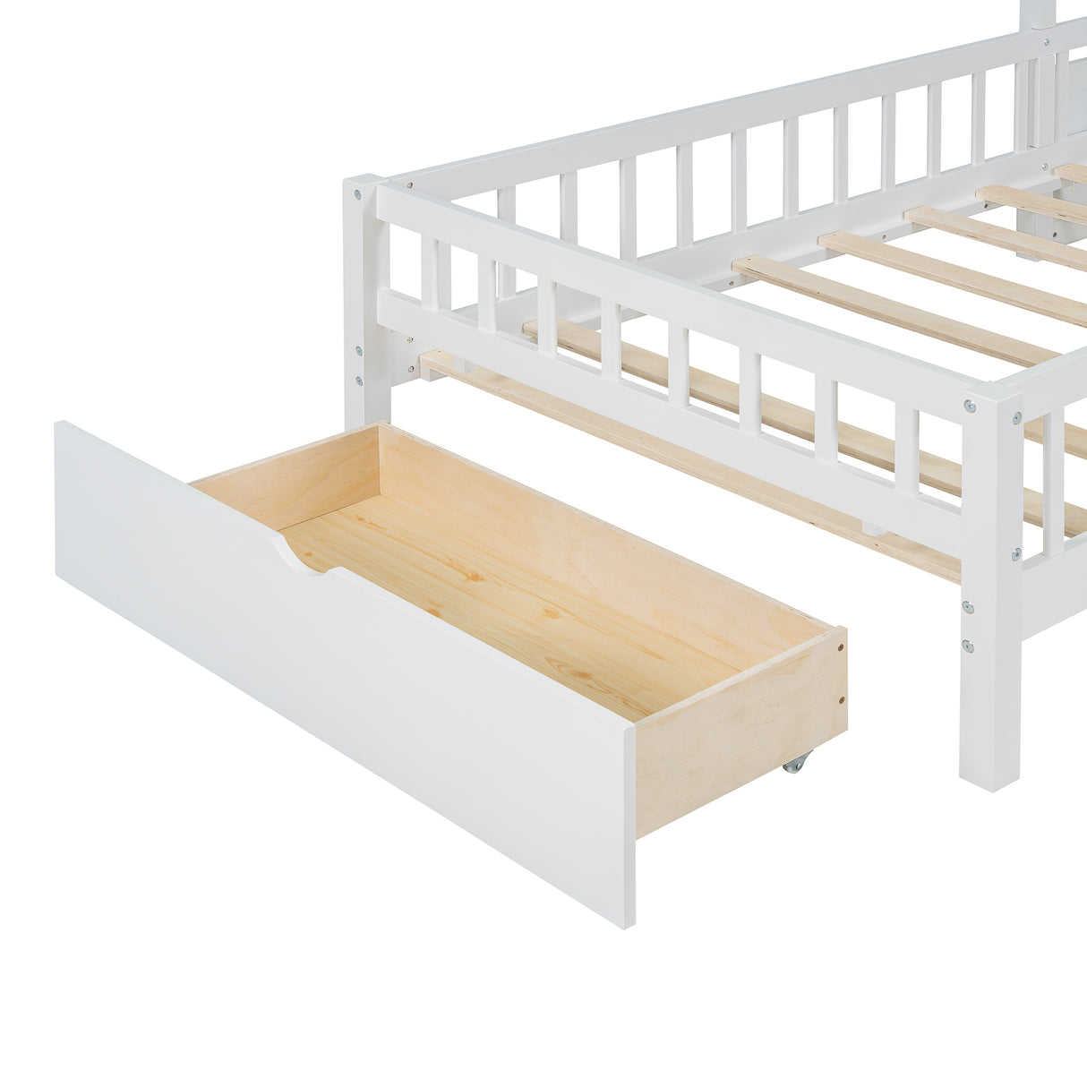 Twin Size House Bed with Upholstered Sofa, House Bed with Charging Station, Wireless Charging, Shelves and Two Drawers, White - V.I.P Digital Presence