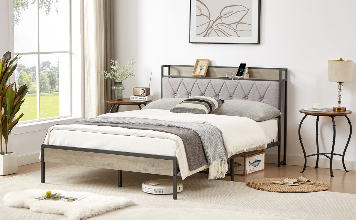 Bed frame with charging station full size, Grey, 83.1'' L x 56.1'' W x 39.2'' H. - V.I.P Digital Presence